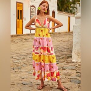 FARM RIO 🍃 MIXED PICNIC CASHEW GINGHAM FRUIT MAXI DRESS MIXED PRINT $275 Large